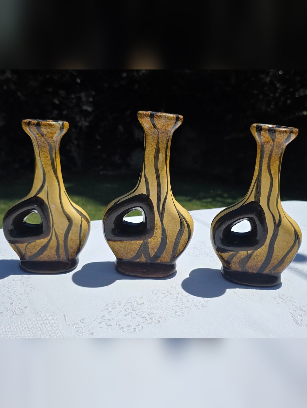 VTG Mid-Century Modern Yellow & Black Pierced Ceramic Candlestick Trio - As Is